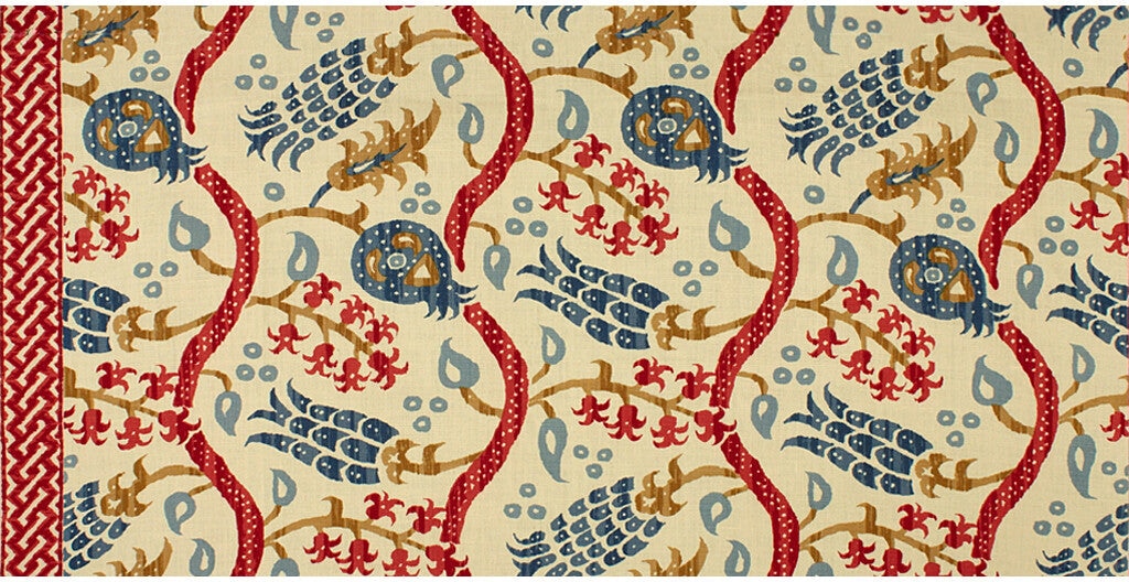 Brunschwig & Fils Nisiotiko Linen Print Pomegranate/Oxford Blue Fabric BR-700019.176.0