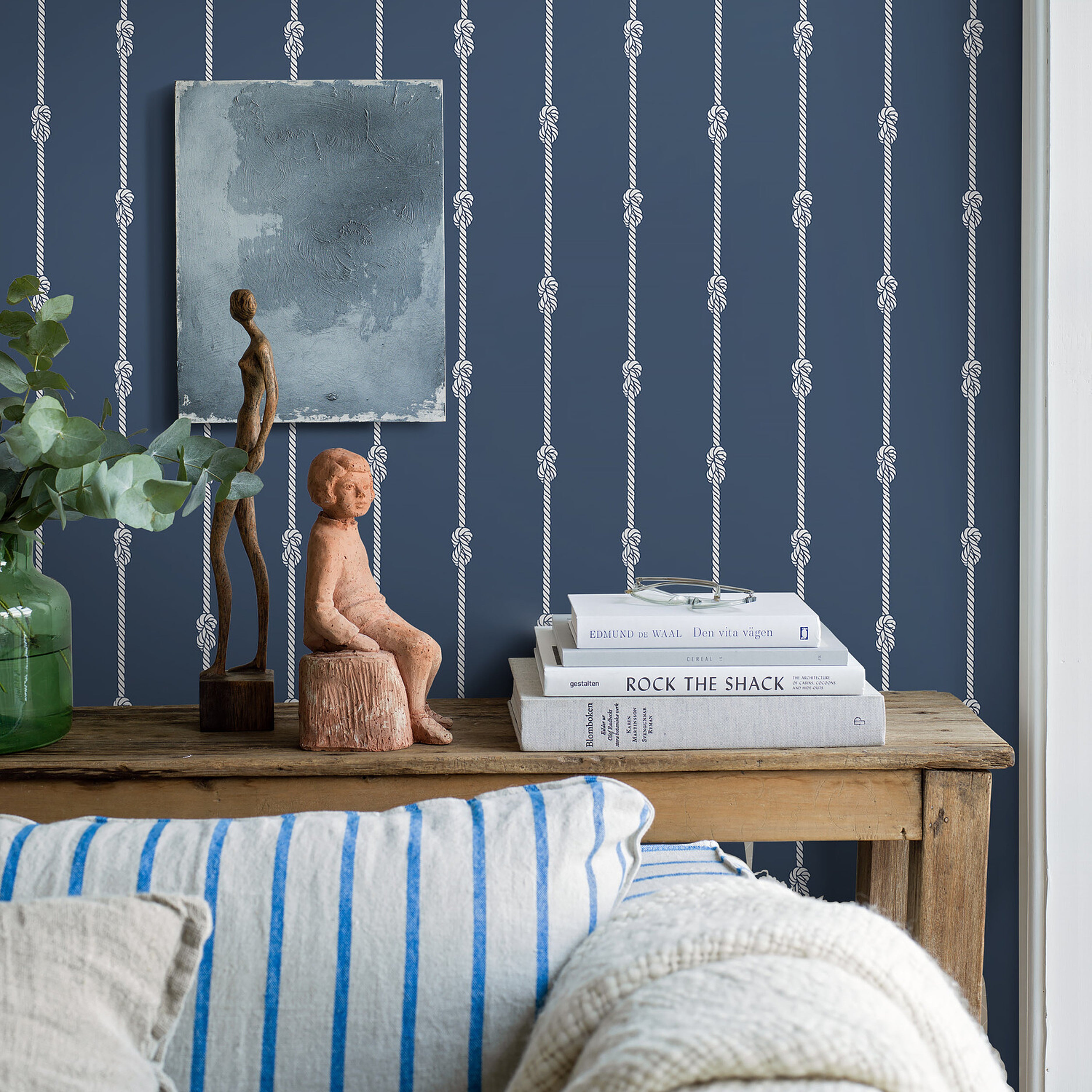 Schumacher Knot Stripe Navy Wallpaper Sample 8858