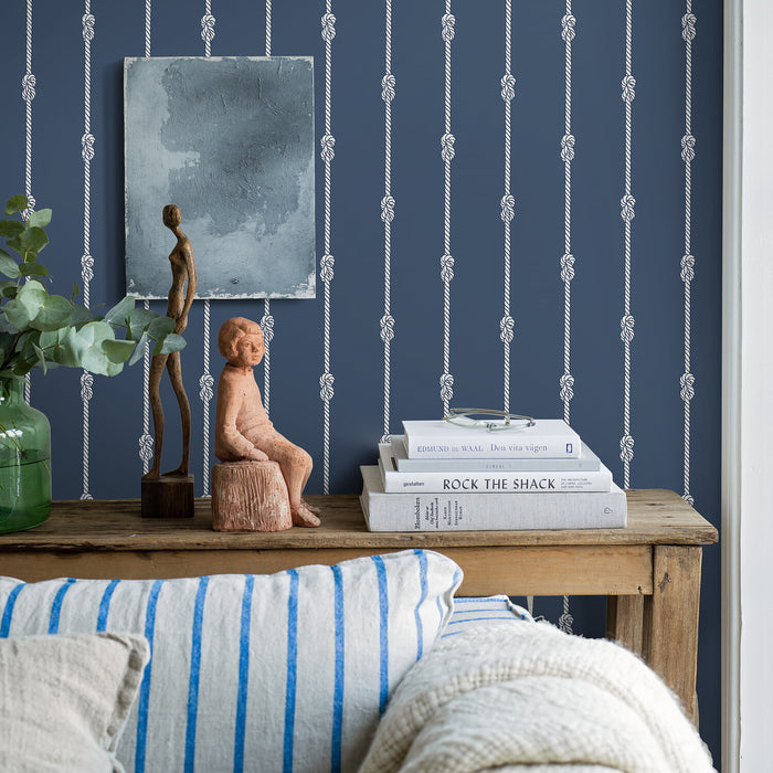 Schumacher Knot Stripe Navy Wallpaper Sample 8858