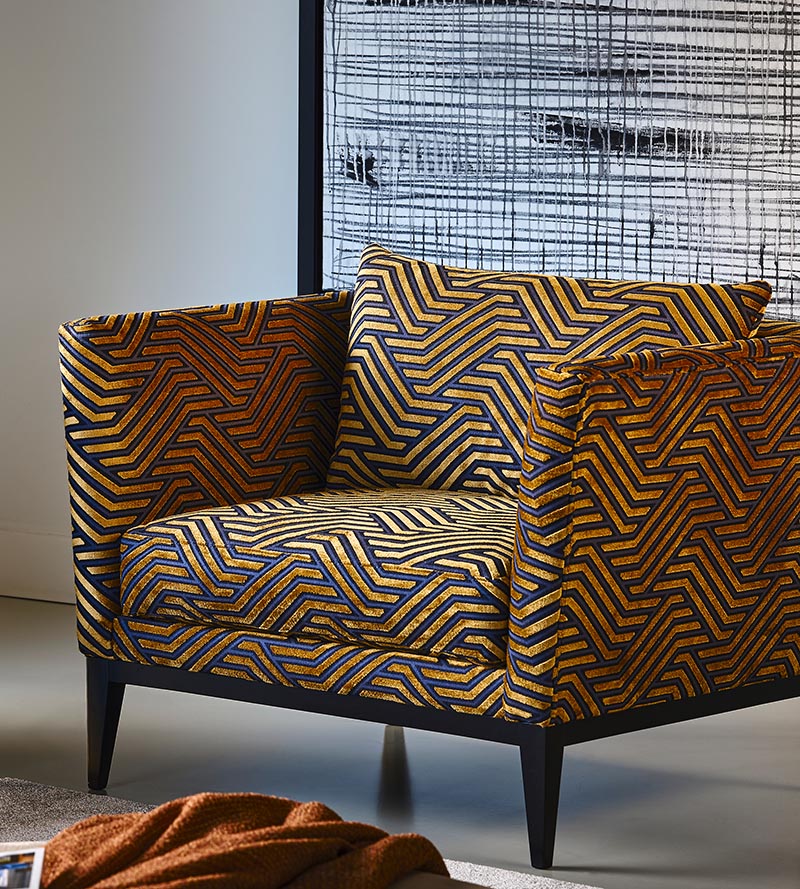 Aldeco Modernist Jacquard Velvet Gold Over Blue Fabric Sample A9MODE0002