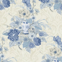 Seabrook Designs Dynasty Floral Metallic Linen And Blue Wallpaper AI40002