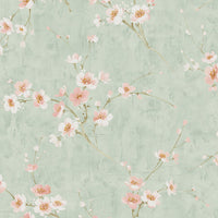 Seabrook Designs Silk Road Dogwood Metallic Mint And Pink Wallpaper AI41604