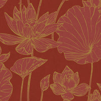 Seabrook Designs Lotus Floral Metallic Gold And Crimson Wallpaper AI42301