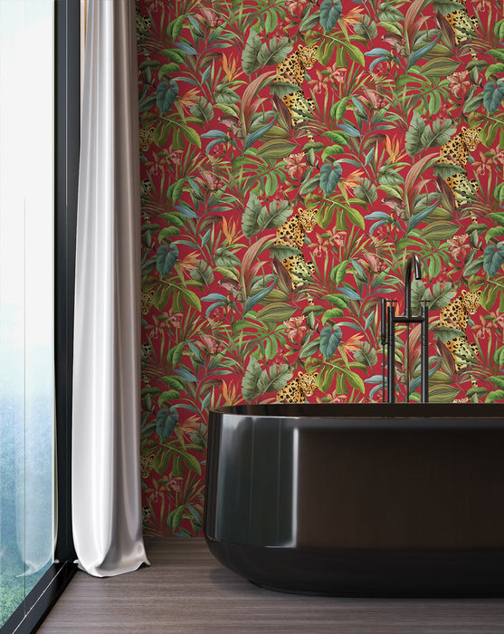 Daisy Bennett Tropical Leopard  Gloss Red Wallpaper Sample DB20101