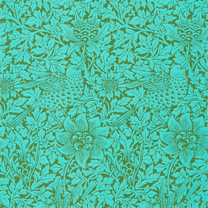 Morris & Co Bird & Anemone Olive/Turquoise Wallpaper Sample DBPW216958