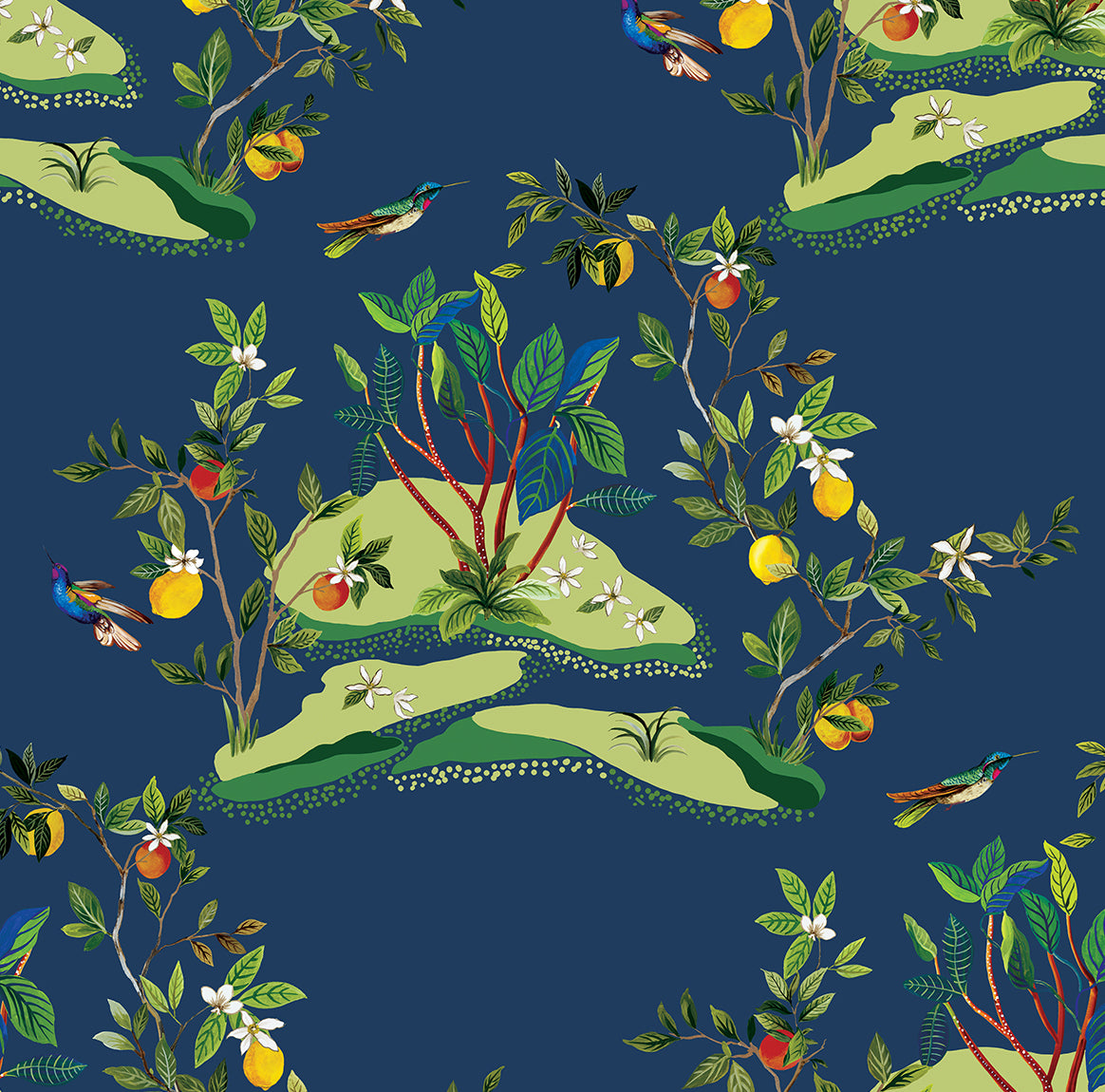 Daisy Bennett Citrus Hummingbird Navy Blue Wallpaper DBW9002
