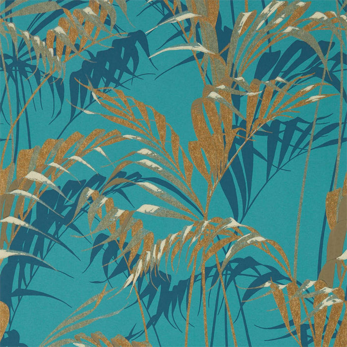 Sanderson Palm House Teal/Gold Wallpaper Sample DGLW216640