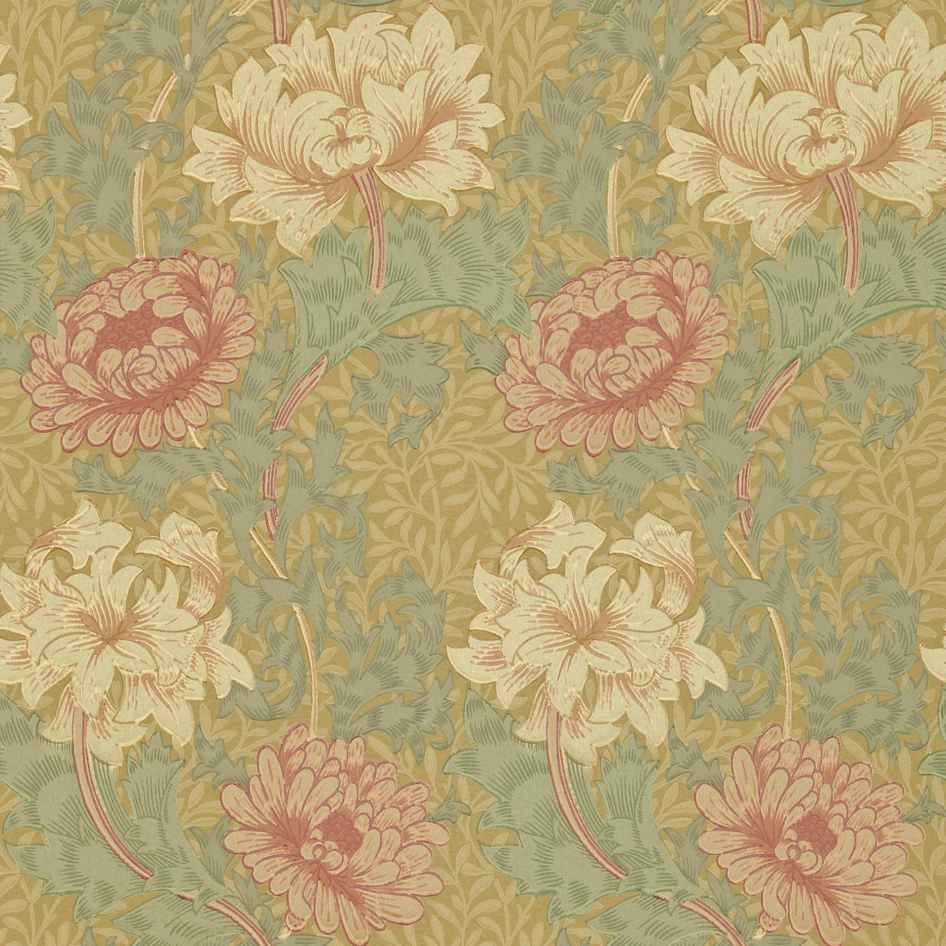 Morris & Co Chrysanthemum Pink/Yellow/Green CY101 Wallpaper Sample DGW1CY101