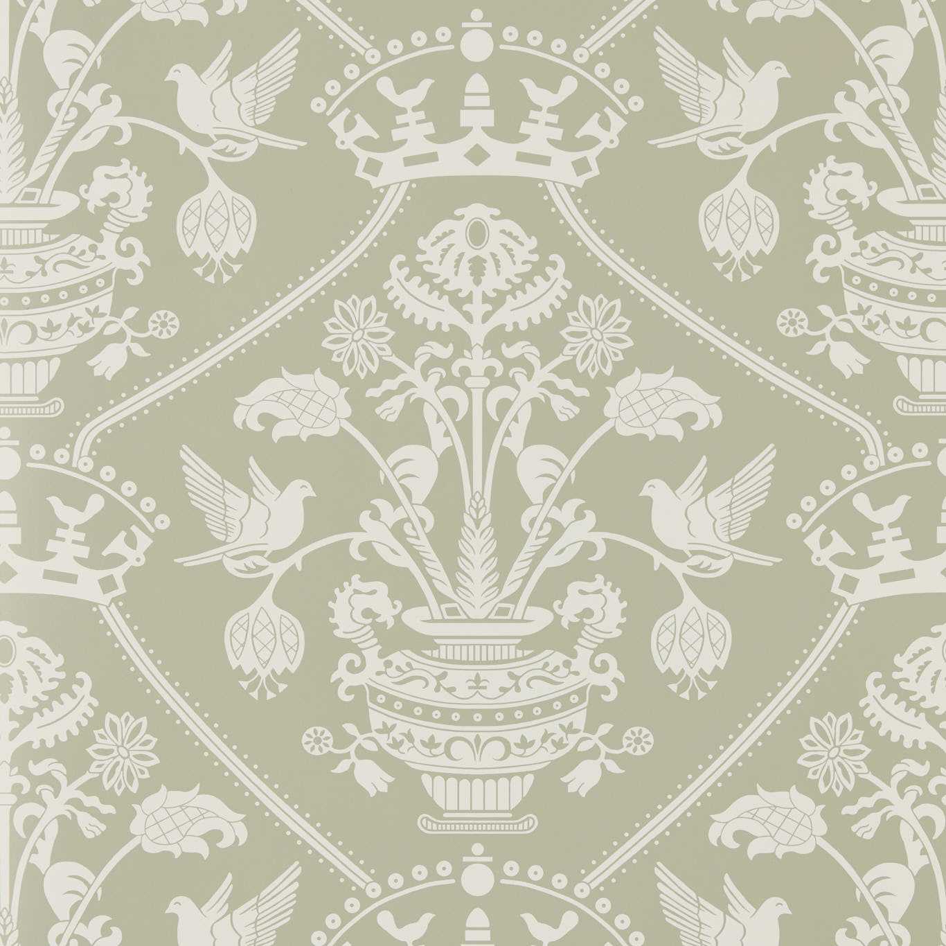 Sanderson Highgrove Damask Silver Green Wallpaper Sample DHIP217502