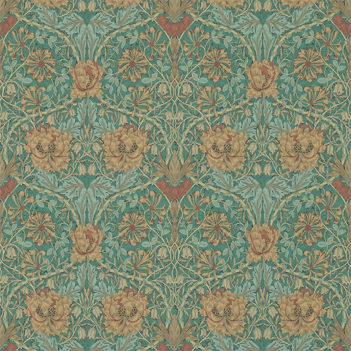 Morris & Co Honeysuckle & Tulip Emerald/Russet 214704 Wallpaper Sample DM3W214704