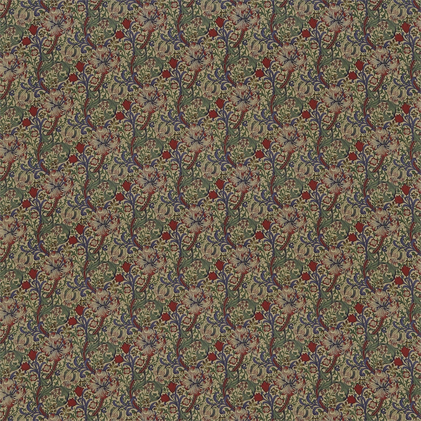 Morris & Co Golden Lily Bottle Green/Burgundy Fabric Sample DMC1G4203