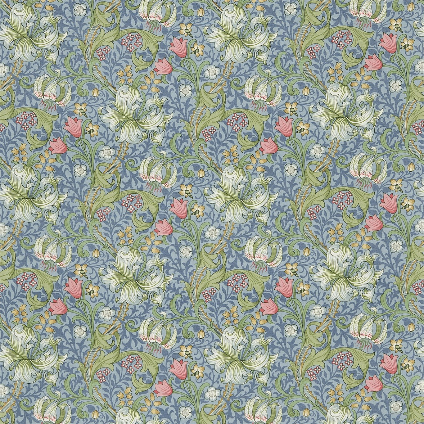 Morris & Co Golden Lily Mineral Blues Fabric Sample DMI1G3204