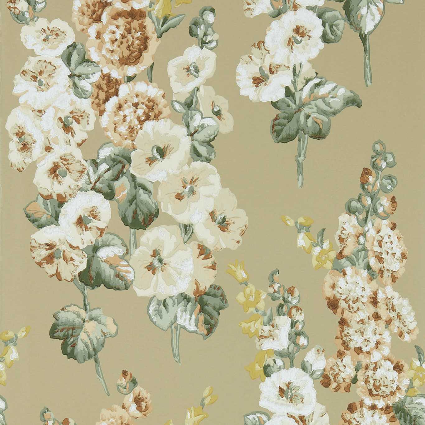 Sanderson Hollyhocks Gold Metallic/Tan Wallpaper Sample DOSW217034
