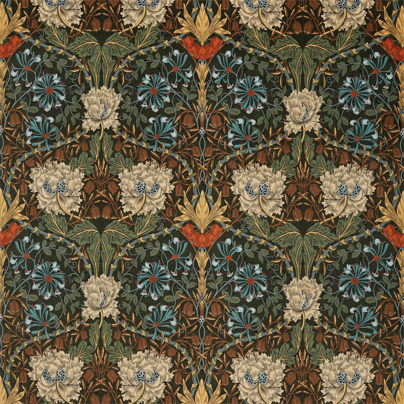 Morris & Co Honeysuckle and Tulip Velvet Forest/Chestnut Fabric Sample DROF236939