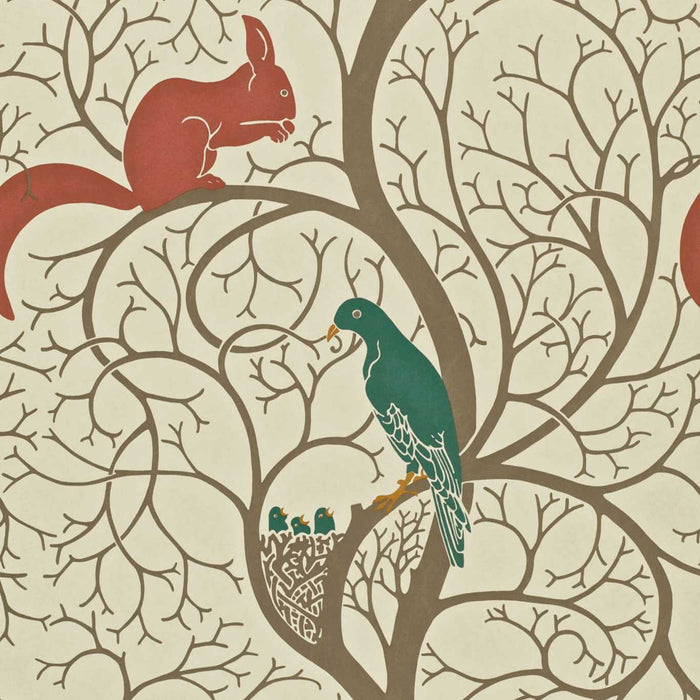 Sanderson Squirrel & Dove Teal/ Red Wallpaper Sample DVIWSQ102