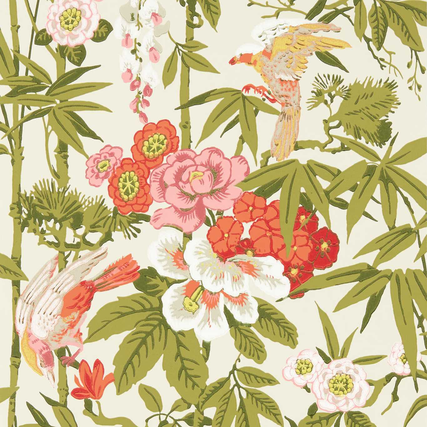 Sanderson Bamboo & Birds Mandarin Red/Olive Wallpaper Sample DWAW217128
