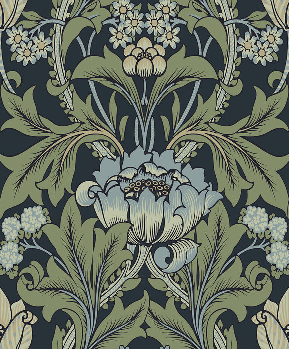 Seabrook Designs Primrose Garden Floral Prepasted Midnight Blue & Sage Wallpaper Sample EP10212