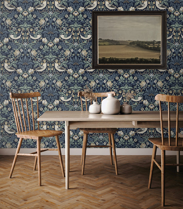 Seabrook Designs Fragaria Garden Navy Blue & Aloe Wallpaper Sample ET11212