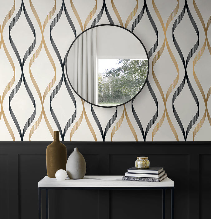 Seabrook Designs Wave Ogee Metallic Gold & Ebony Wallpaper Sample ET11806