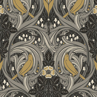 Seabrook Designs Bird Scroll Charcoal & Goldenrod Wallpaper ET12208