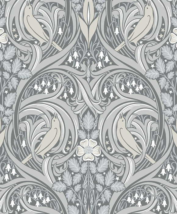 Seabrook Designs Bird Scroll Argos Grey & Linen Wallpaper Sample ET12210
