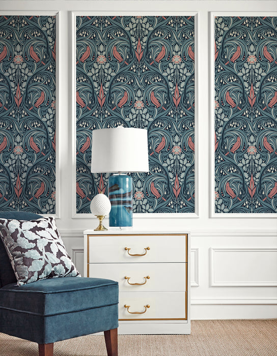 Seabrook Designs Bird Scroll Aegean Teal & Coral Wallpaper Sample ET12222