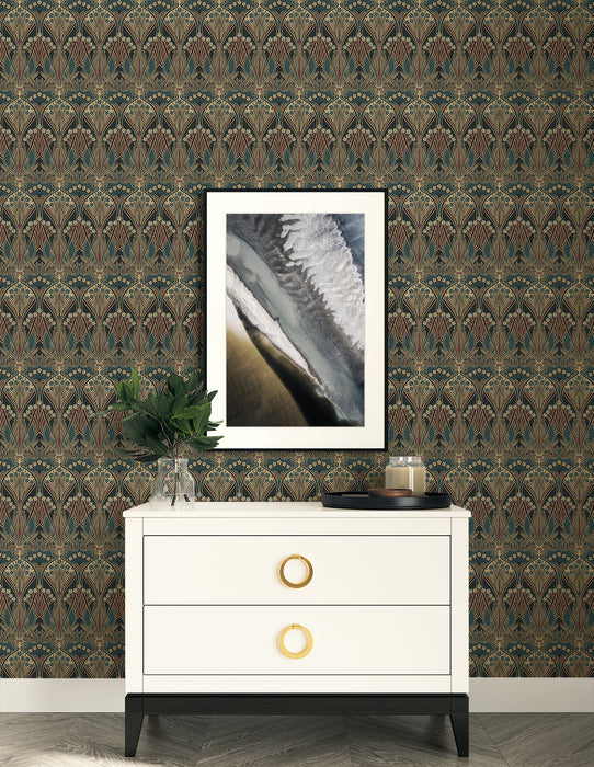 Seabrook Designs Deco Dragonflies Aegean Blue & Clay Wallpaper Sample ET13501