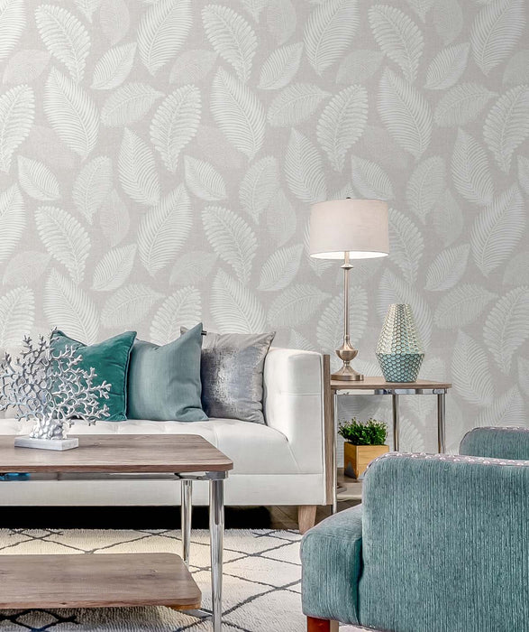 Seabrook Designs Tossed Leaves Dove Greige Wallpaper Sample EW10007