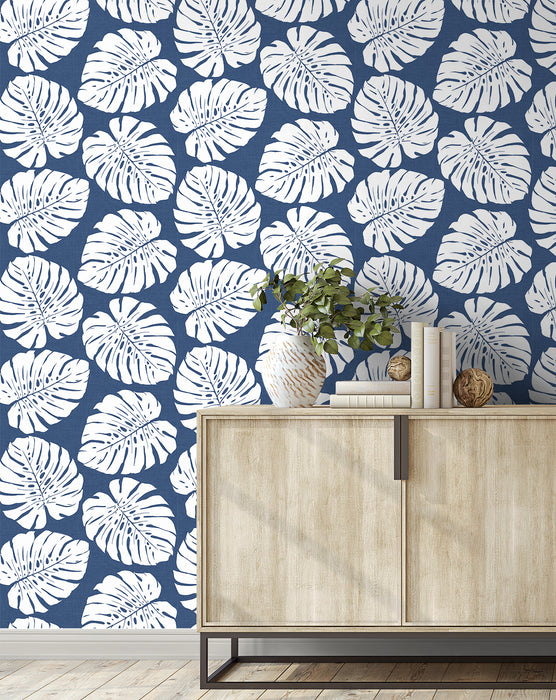 Seabrook Designs Monstera Leaf Blue Wallpaper Sample HG10502