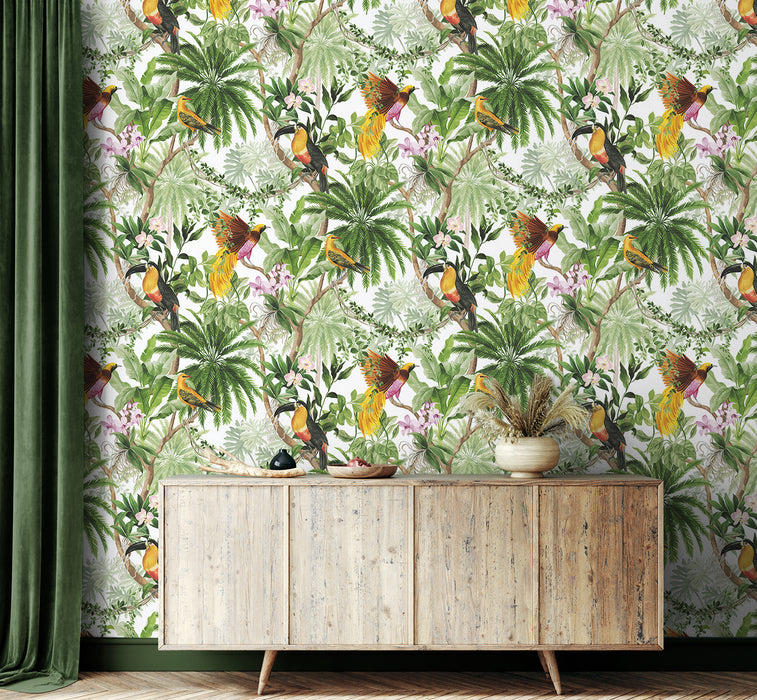 Seabrook Designs Tropical Bird White Wallpaper Sample HG10900