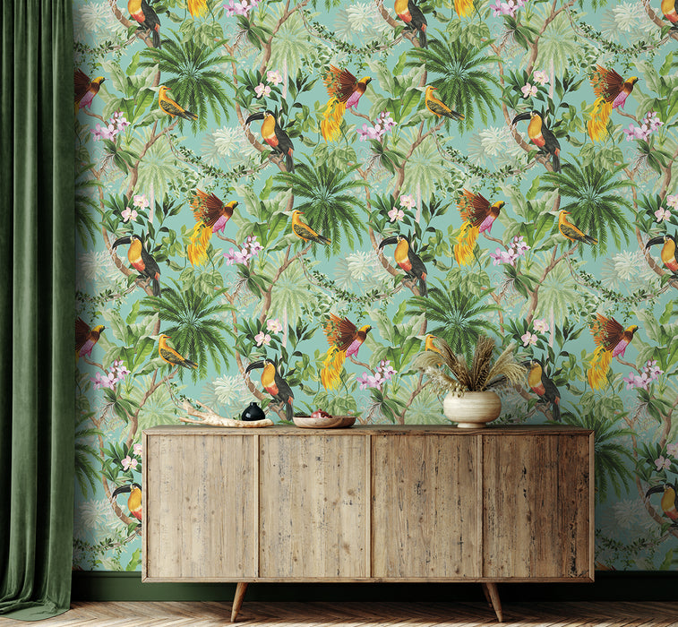 Seabrook Designs Tropical Bird Aqua Wallpaper Sample HG10902