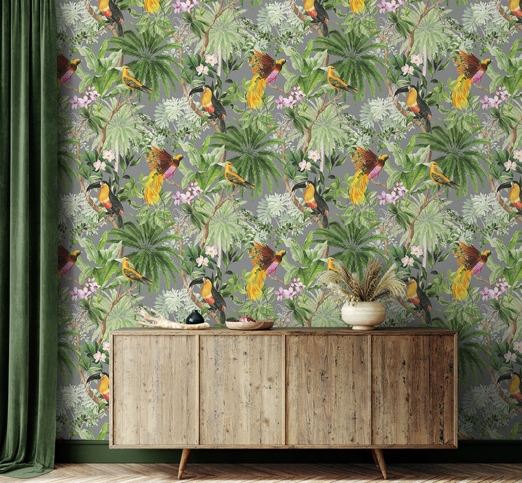 Seabrook Designs Tropical Bird Grey Wallpaper Sample HG10908