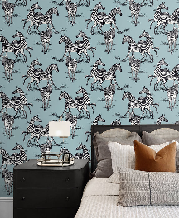 Seabrook Designs Playful Zebras Light Blue Wallpaper Sample HG11102
