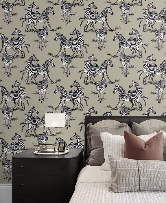 Seabrook Designs Playful Zebras Pavestone Wallpaper Sample HG11110