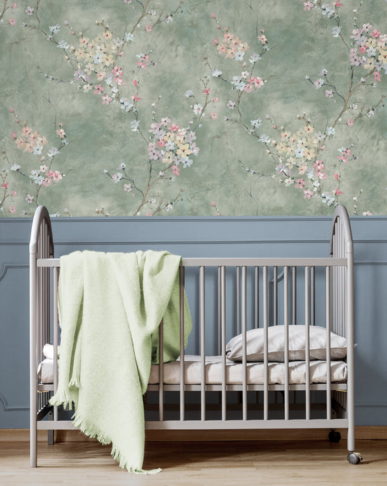 Seabrook Designs Floral Blossom Green Smoke Wallpaper Sample HG11804