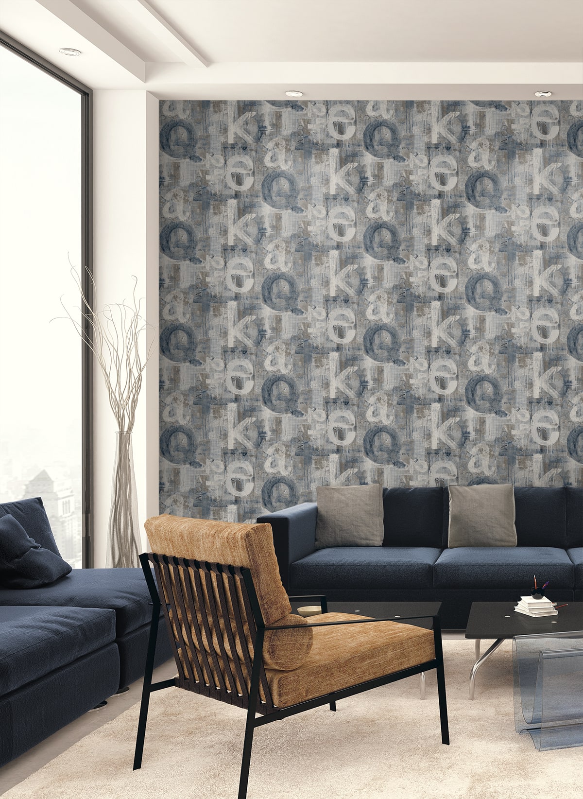 Seabrook Designs Graphic Letters Steel Blue & Mocha Wallpaper HG12002