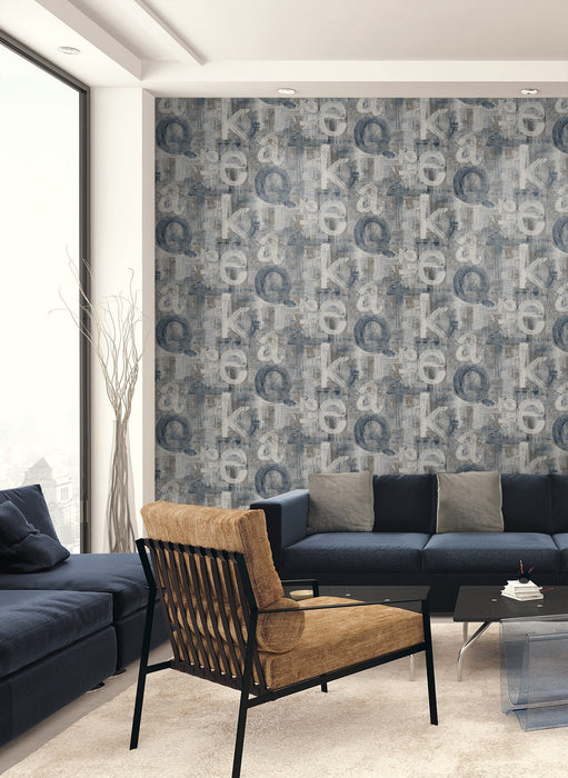 Seabrook Designs Graphic Letters Steel Blue & Mocha Wallpaper Sample HG12002