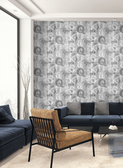 Seabrook Designs Graphic Letters Pewter Wallpaper Sample HG12008