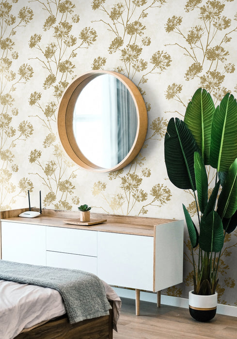 Seabrook Designs Dandelion Floral Metallic Gold Wallpaper Sample HG12105