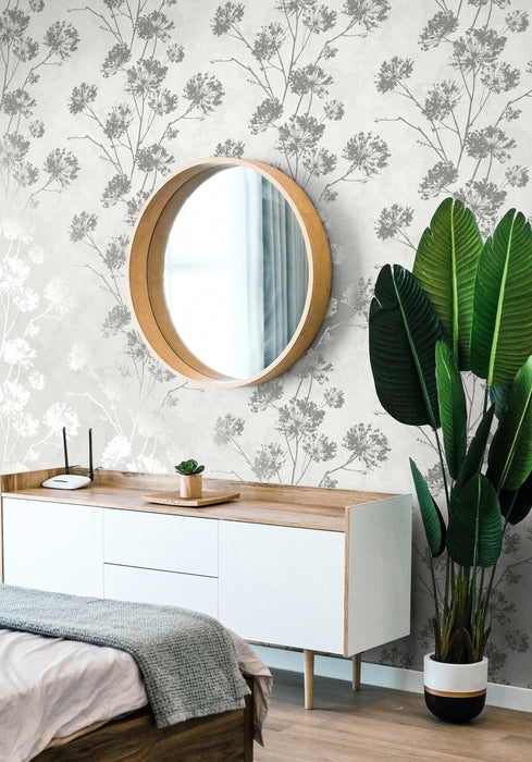 Seabrook Designs Dandelion Floral Metallic Silver Wallpaper Sample HG12108