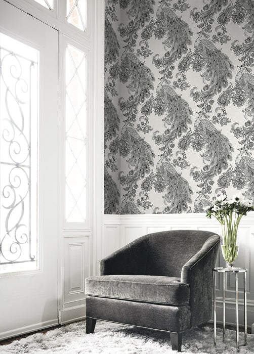 Seabrook Designs Peacock Ivory & Ebony Wallpaper Sample HG12200NG