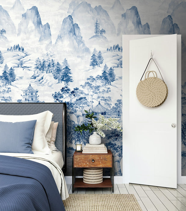 Seabrook Designs Misty Mountain Scenic Mural Bluestone Wallpaper Sample HG12502M