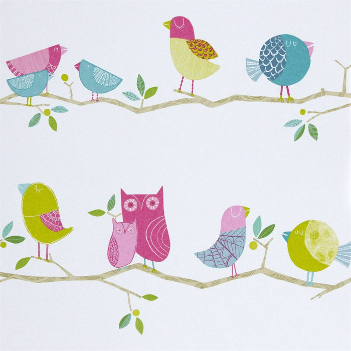 Harlequin What A Hoot Pink/Aque/Apple/Natural Wallpaper Sample HWO70515