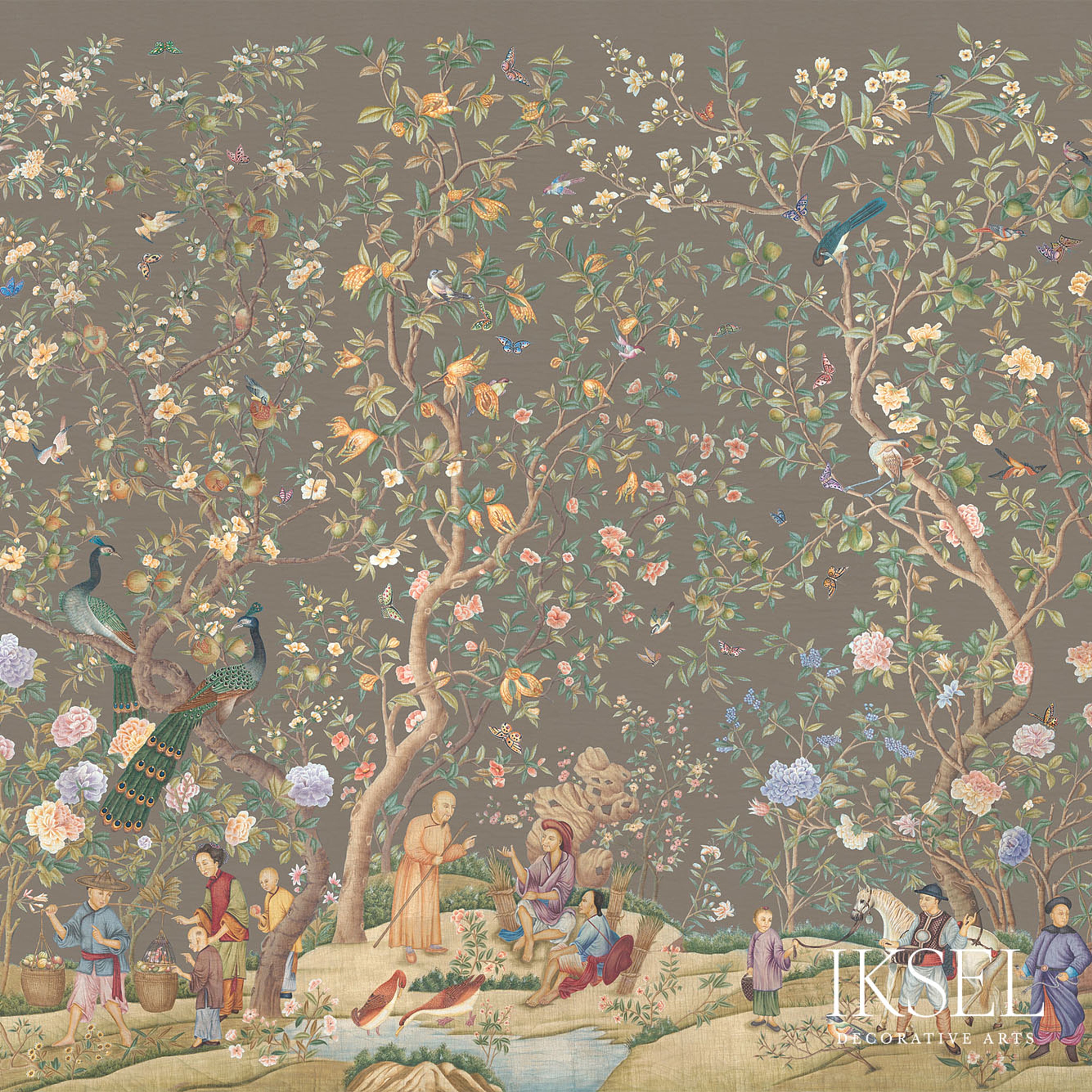 Schumacher Qianlong Garden Charcoal Taupe Wallpaper Sample IK4107