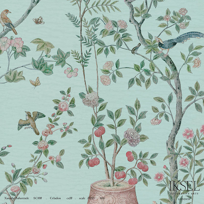 Schumacher Xanadu Balustrade Celadon Wallpaper Sample IK4304