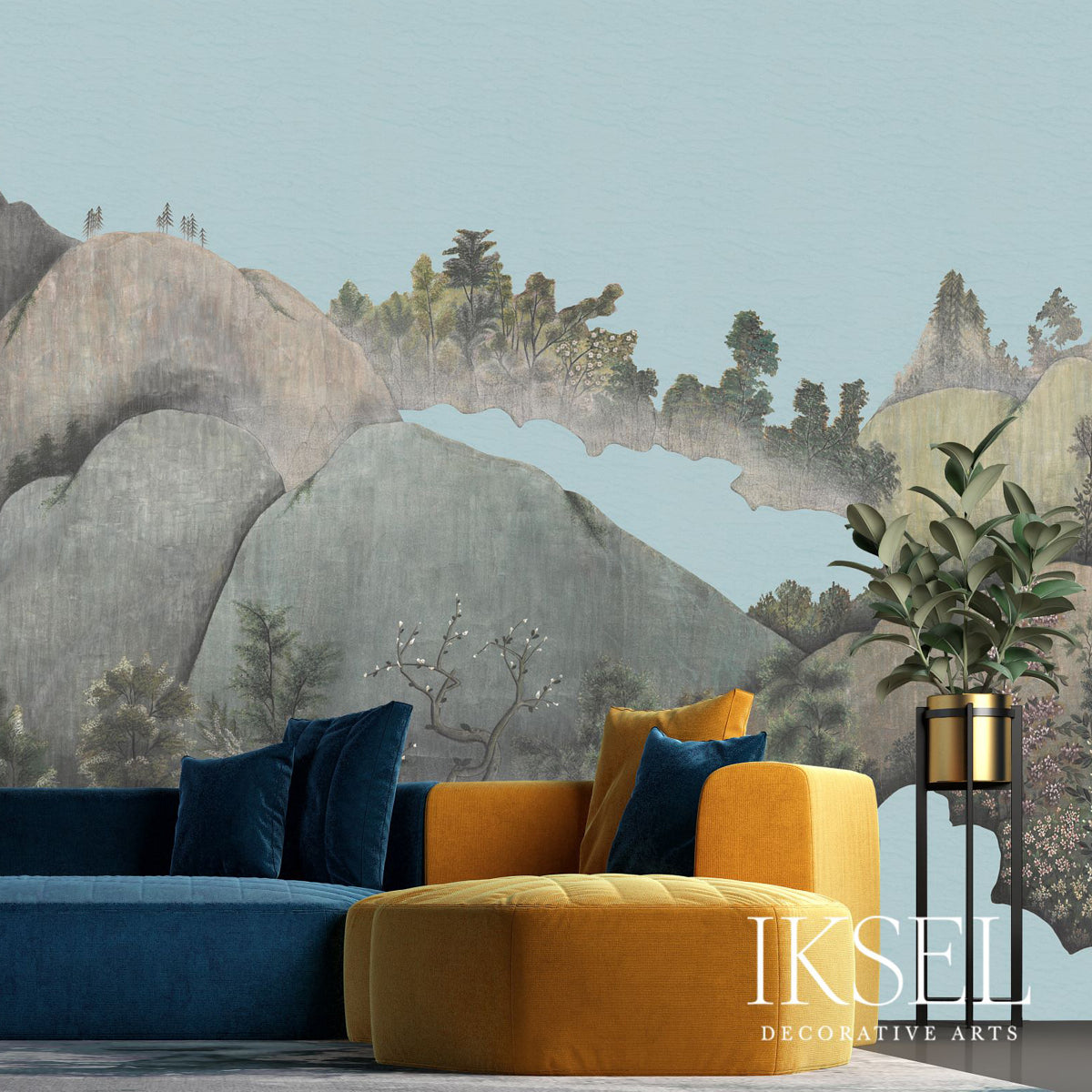 Schumacher Japanese Mountains Frost Blue Wallpaper Sample IK7300