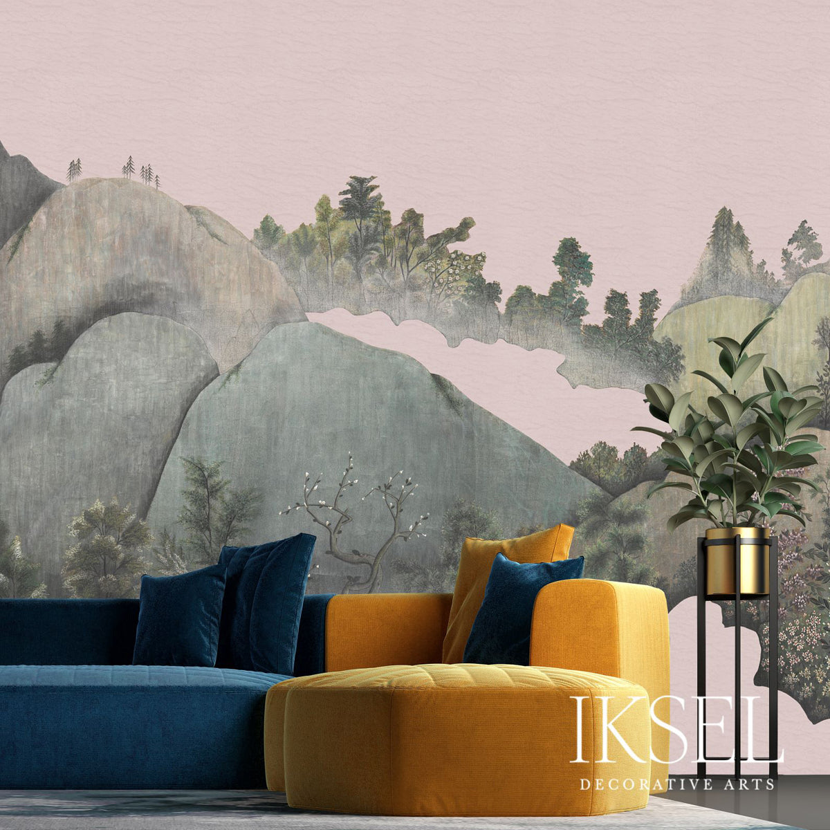 Schumacher Japanese Mountains Vieux Rose Wallpaper Sample IK7301