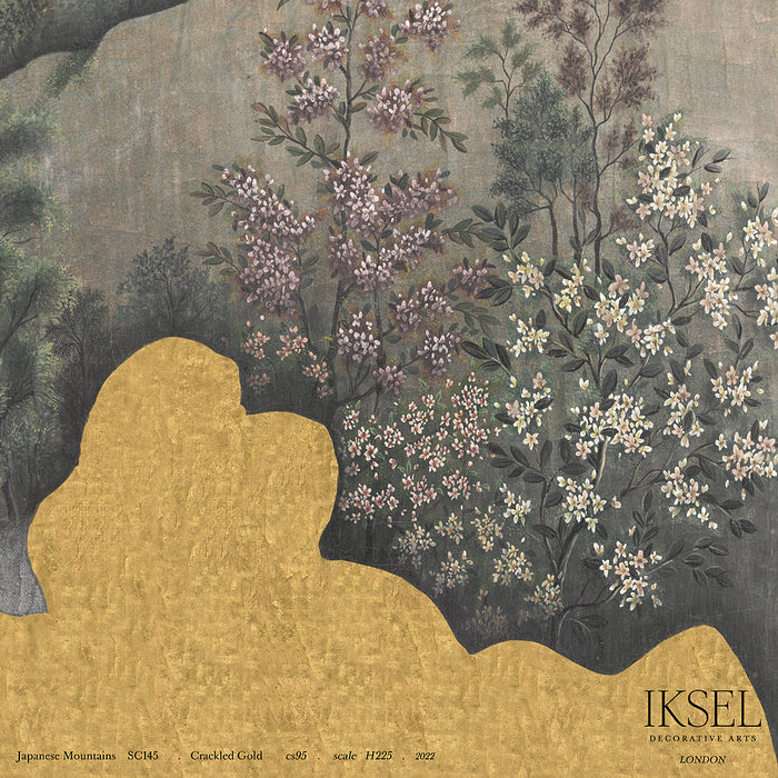 Schumacher Japanese Mountains Crackled Gold Wallpaper Sample IK7304