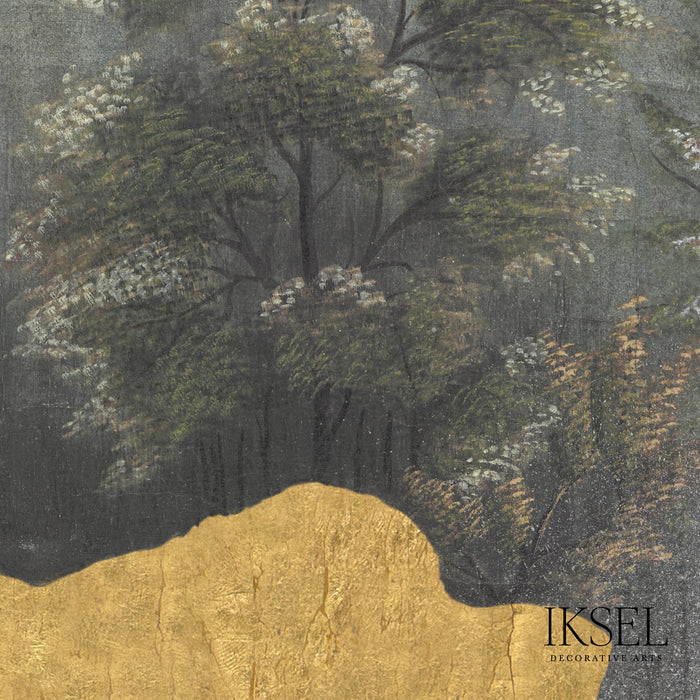 Schumacher Japanese Mountains Crackled Gold Wallpaper Sample IK7304