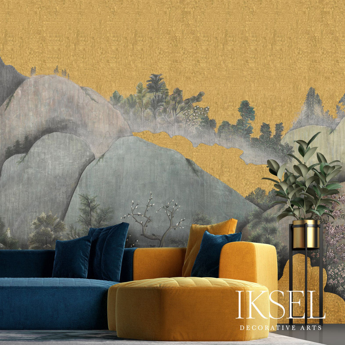 Schumacher Japanese Mountains Crackled Gold Wallpaper Sample IK7304